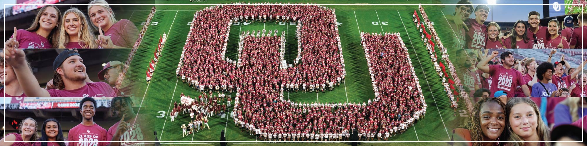 Students standing in the shape of the interlocking OU logo.