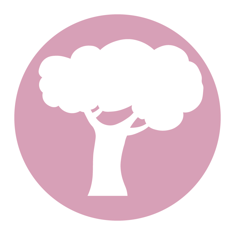 A white tree icon with a pink circular background.