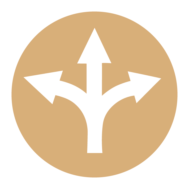 White multi-direction arrow with a tan background.