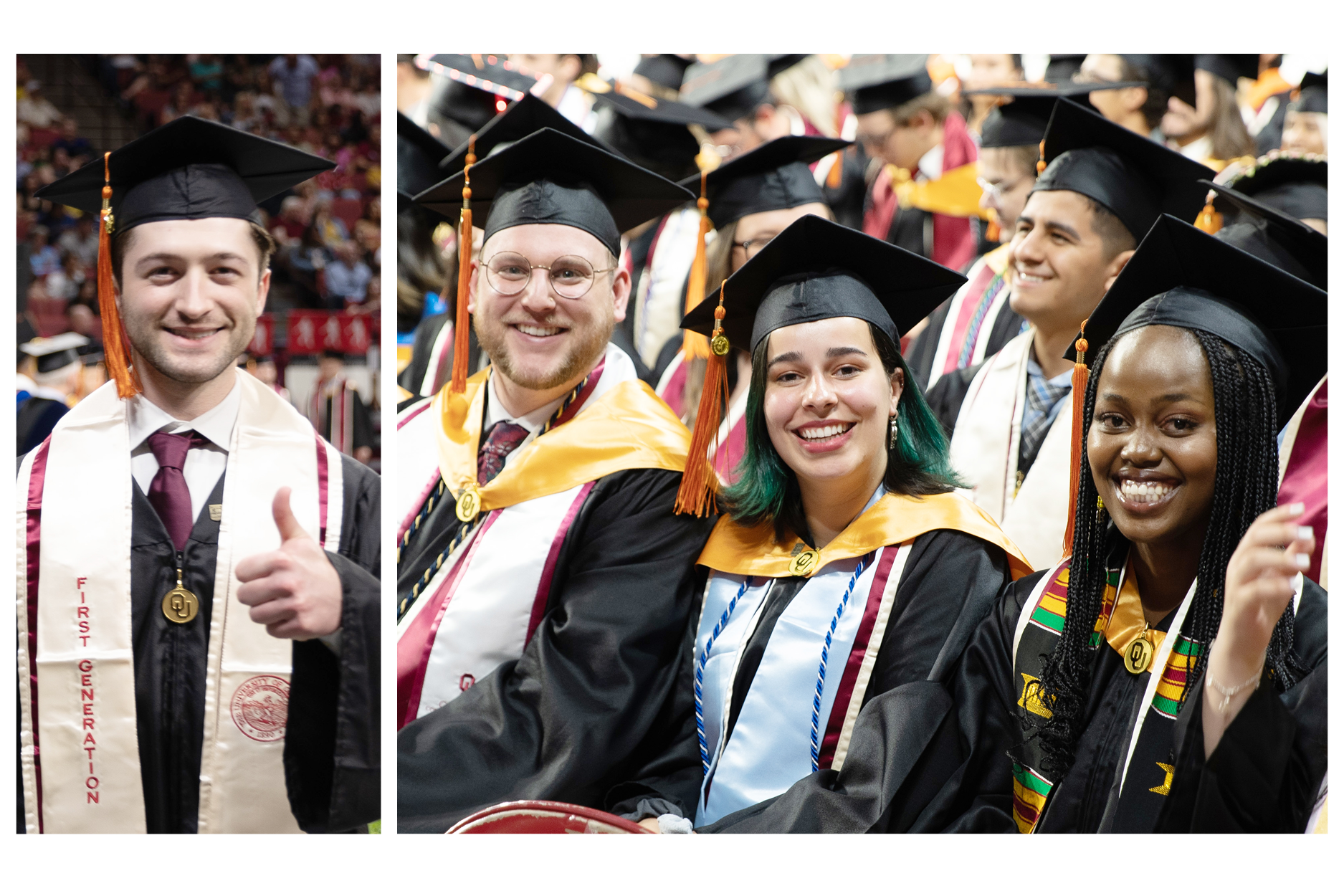 Images of graduating students in caps and gowns at convocation