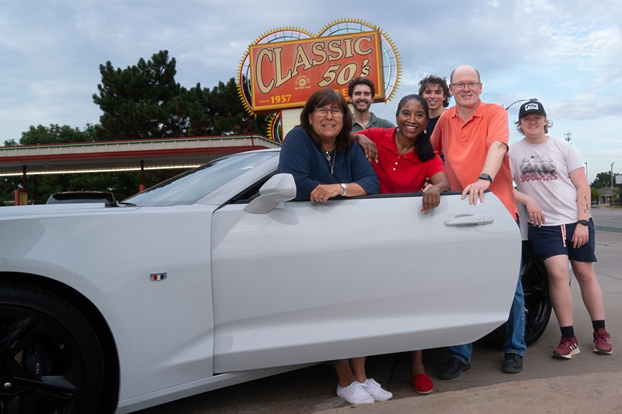 Route 66 road trip team in front of Classic 50s in Norman, OK.