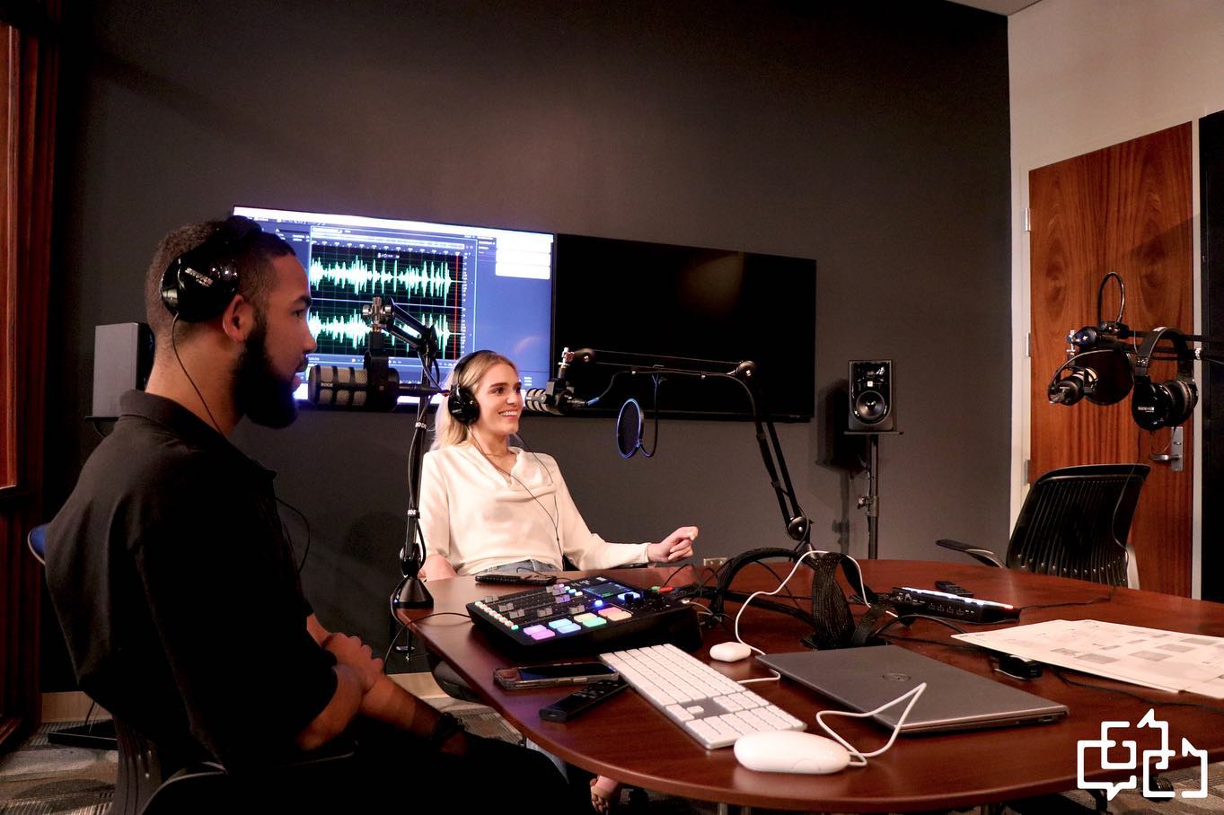 Students recording in Gaylord Podcast Studio.