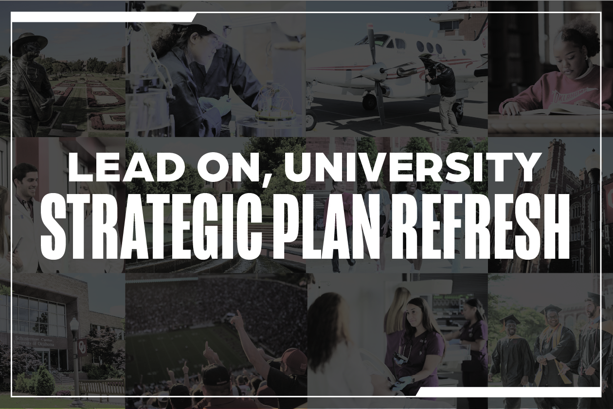 Lead On, University; Strategic Plan Refresh words in white, overlaying a darkened collage of images.