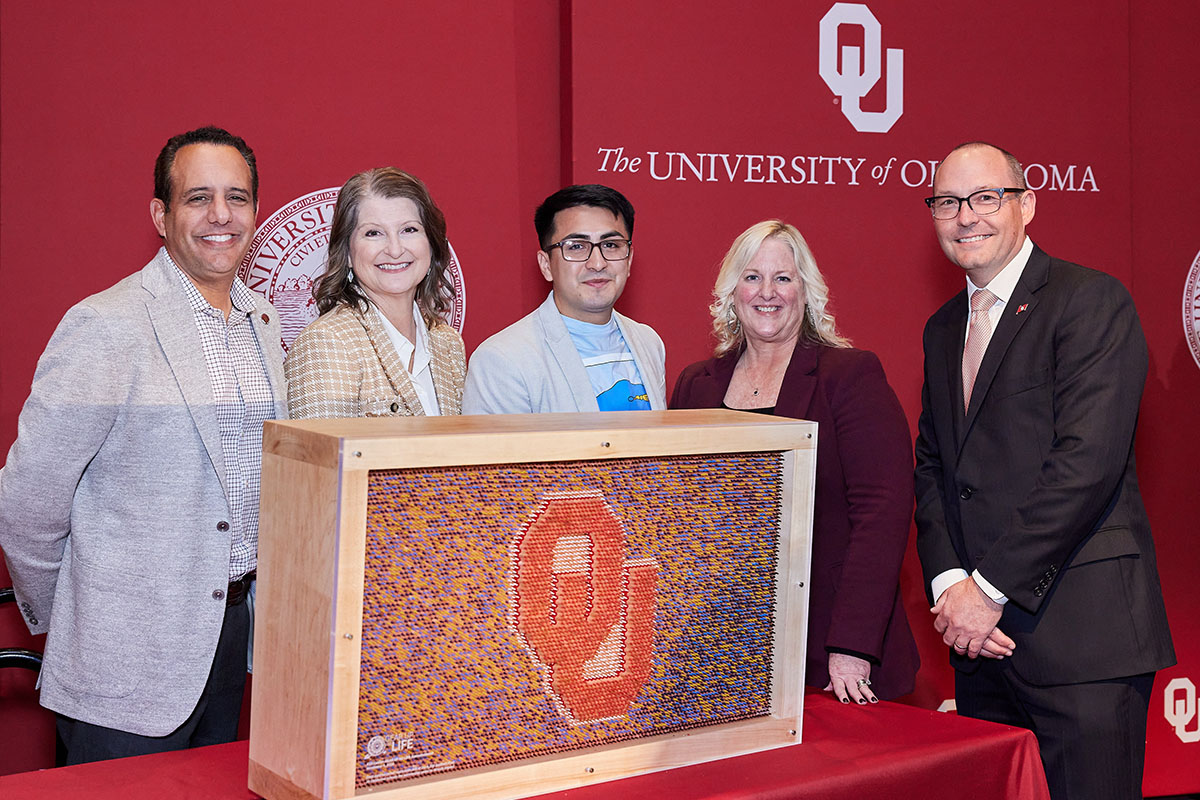 From left to right: OU President Joseph Harroz Jr, Jeannine Rainbolt College of Education Dean Stacy Reeder, OU student Juan de Dios Trujillo Velazquez, K20 Center Managing Director Leslie Williams, and OU Vice President for Online Learning and K20 Center Executive Director Gregg Garn.