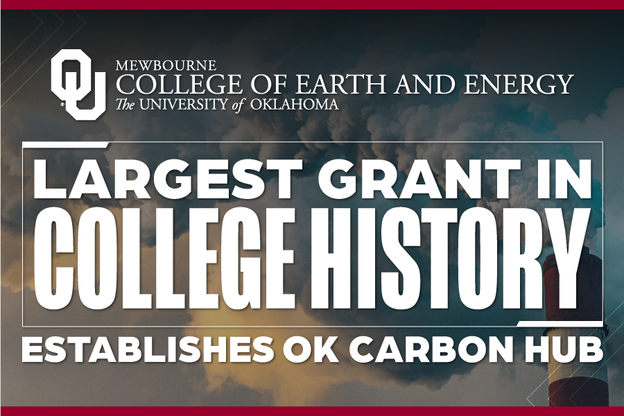 A graphic reading "largest grant in college history establishes OK Carbon Hub".