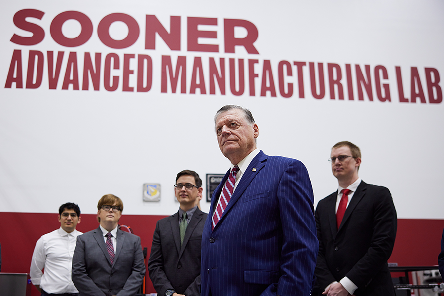 Congressman Tom Cole and Scott Chance, field representative for Congressman Cole, with OU faculty, staff and students at OU’s Sooner Advanced Manufacturing Lab.