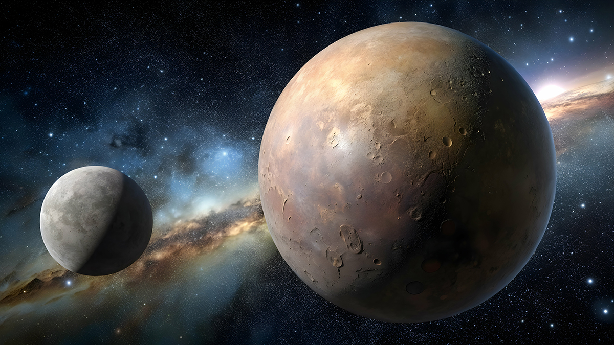 Artist rendering of two orbiting objects in the Kuiper Belt.