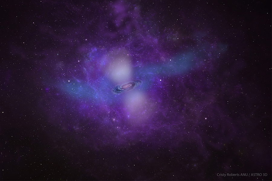 An artist's impression of a star-bursting galaxy with the surrounding CGM in white, blue, and purple.