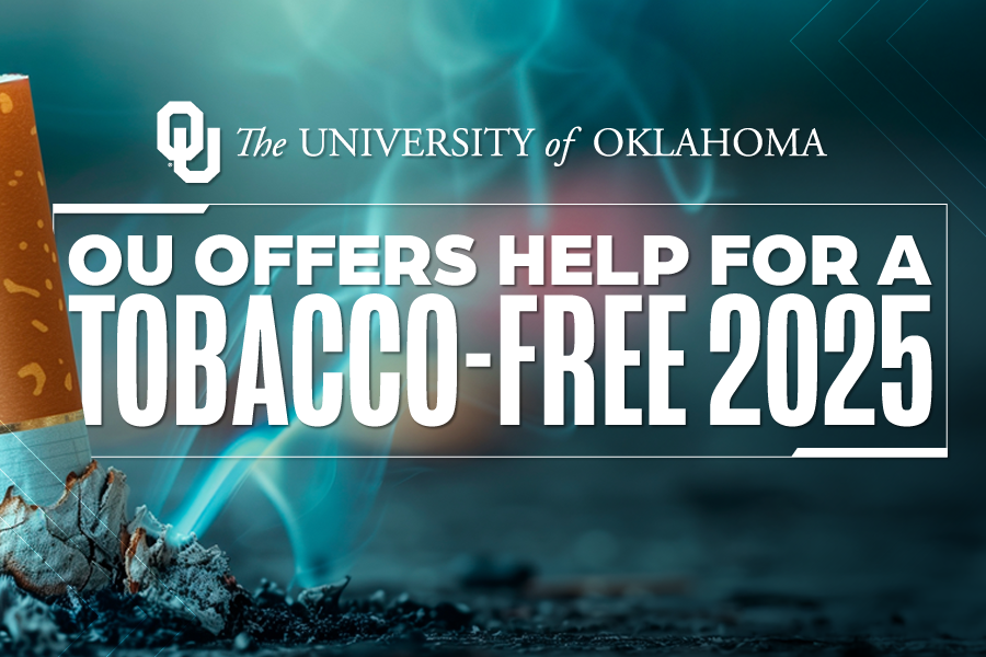 A graphic with the University of Oklahoma logo and then the words "OU offers help for a tobacco-free 2025".