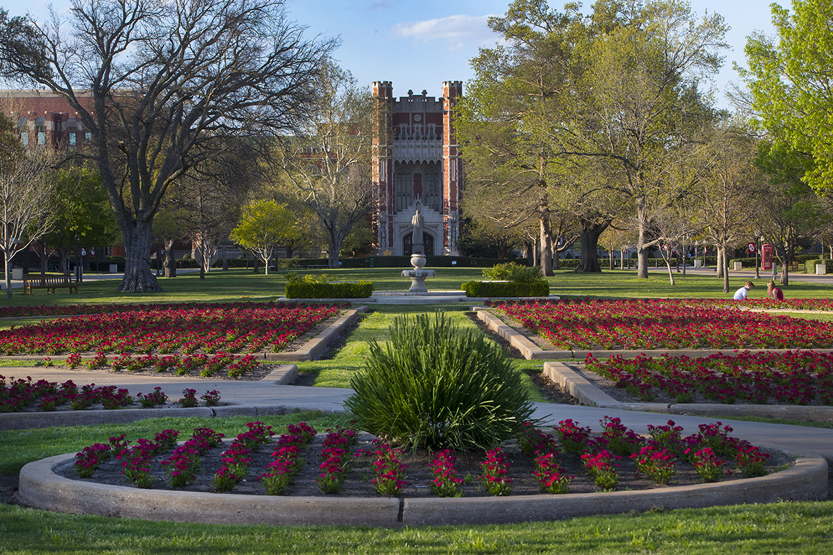 University of Oklahoma campus, view down the South Oval toward Bizzell Memorial Library.