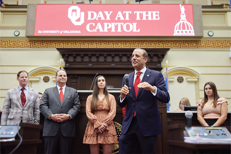 OU Day at the Capitol. From left: OU Regent Robert J. Ross, OU Vice President and Director of Athletics Joe Castiglione, OU Softball team captain Grace Lyons, OU President Joseph Harroz Jr., 2022 OU Women’s Gymnastics team member Karrie Thomas.