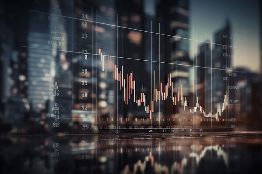 line chart and numbers overlay a city skyline