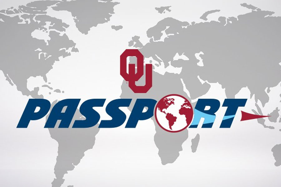 The ou passport logo in front of a grey schale world map.