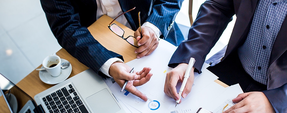 Image depicting two business professionals discussing details of a consulting report. 