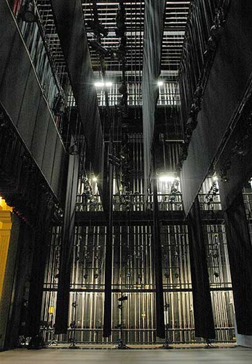 Another view of the flyrail backstage of historic Holmberg Hall located in Donald W. Reynolds Performing Arts Center.