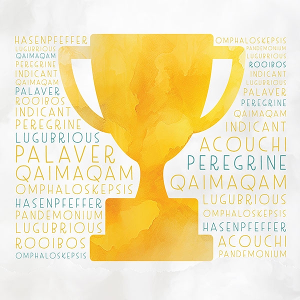 Stylized golden spelling bee trophy.