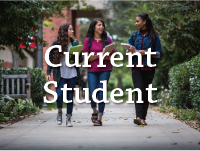 three students walking on campus with "current student" text