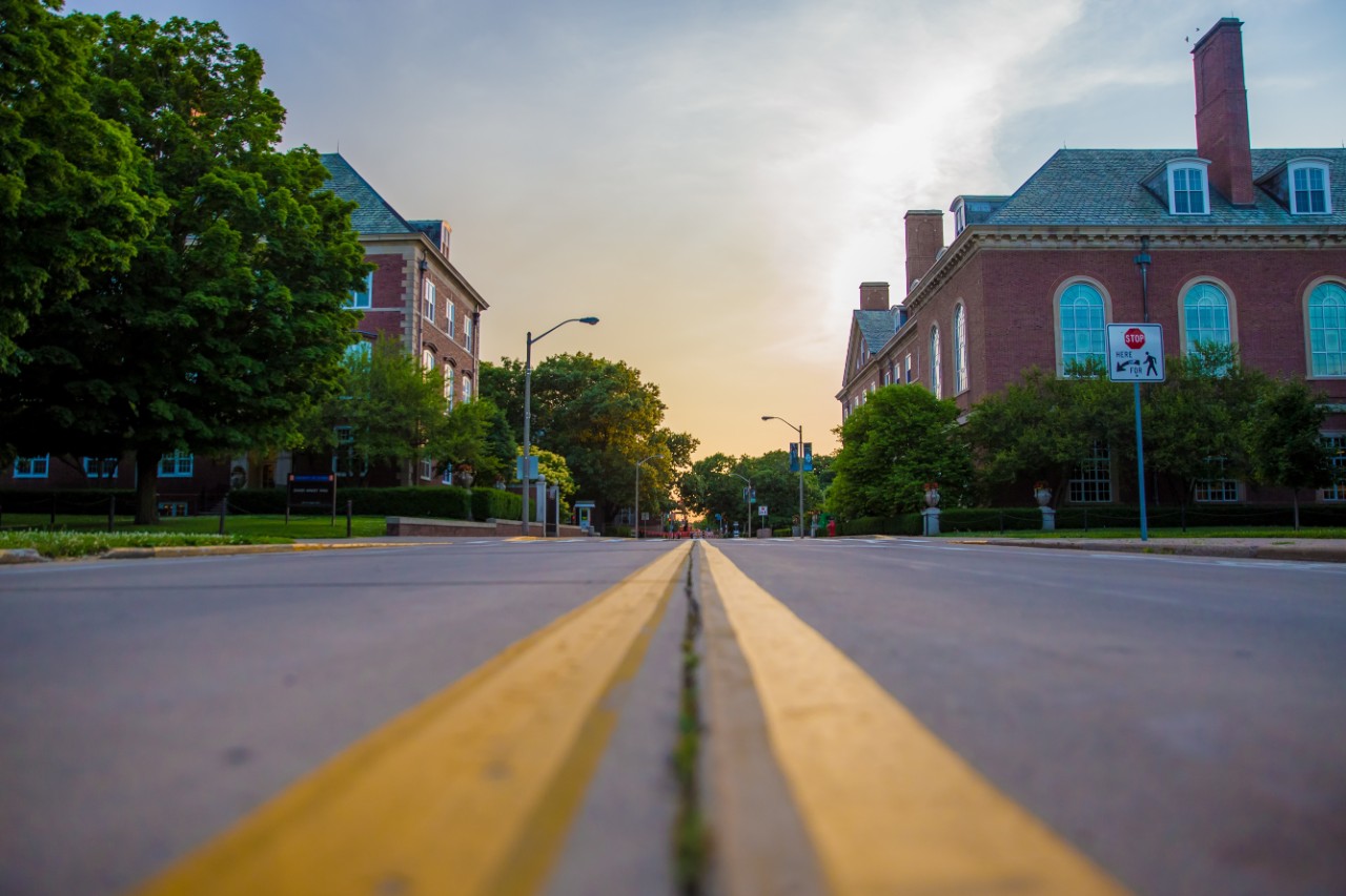 A picture of a road in a town