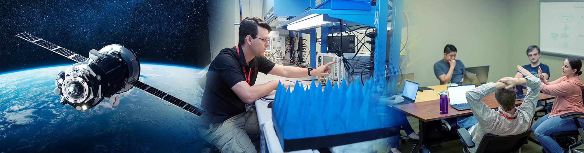 A satellite in space, followed by a researcher in a lab, followed by a group gathered around a table.