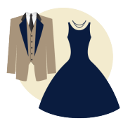 Graphic icon representing a suit and tie and a formal evening dress with necklace