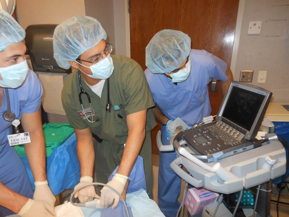 Resident Nima Sarani takes two medical students through an ultrasound-guided nerve block.