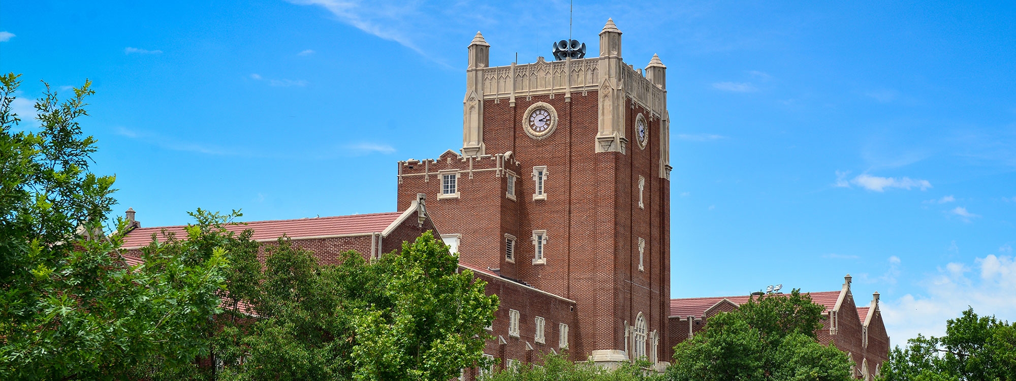 The Union clocktower visible above large trees during the daytime.